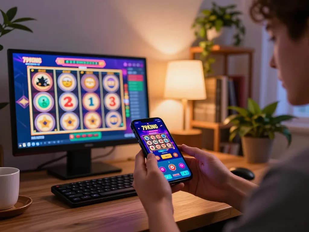 Engaging with 79KING app for online casino gaming on a smartphone during a cozy evening.