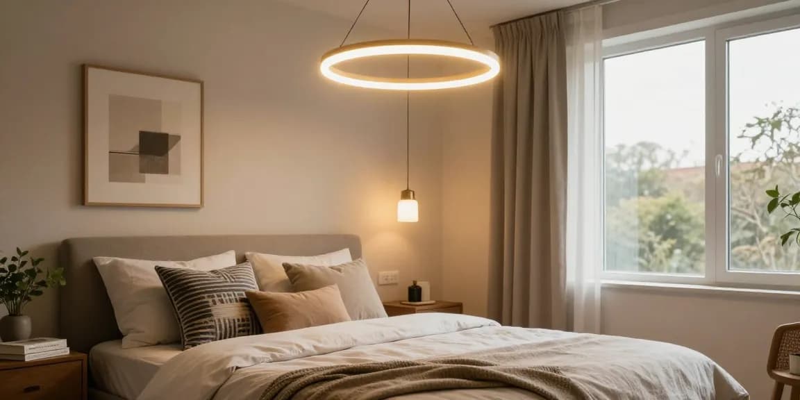 Lustra dormitor modernă în cameră confortabilă, iluminat cald și decor elegant.