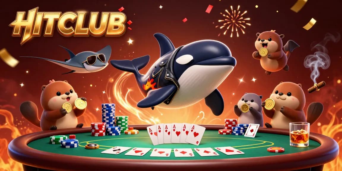 Experience HITCLUB excitement with joyous sea creatures winning at poker while celebrating.