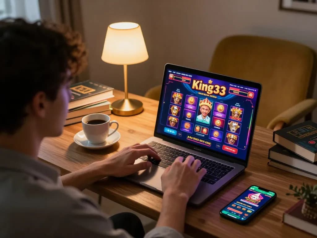 Player engaging with king33 online casino, showcasing strategic gameplay and cozy environment.