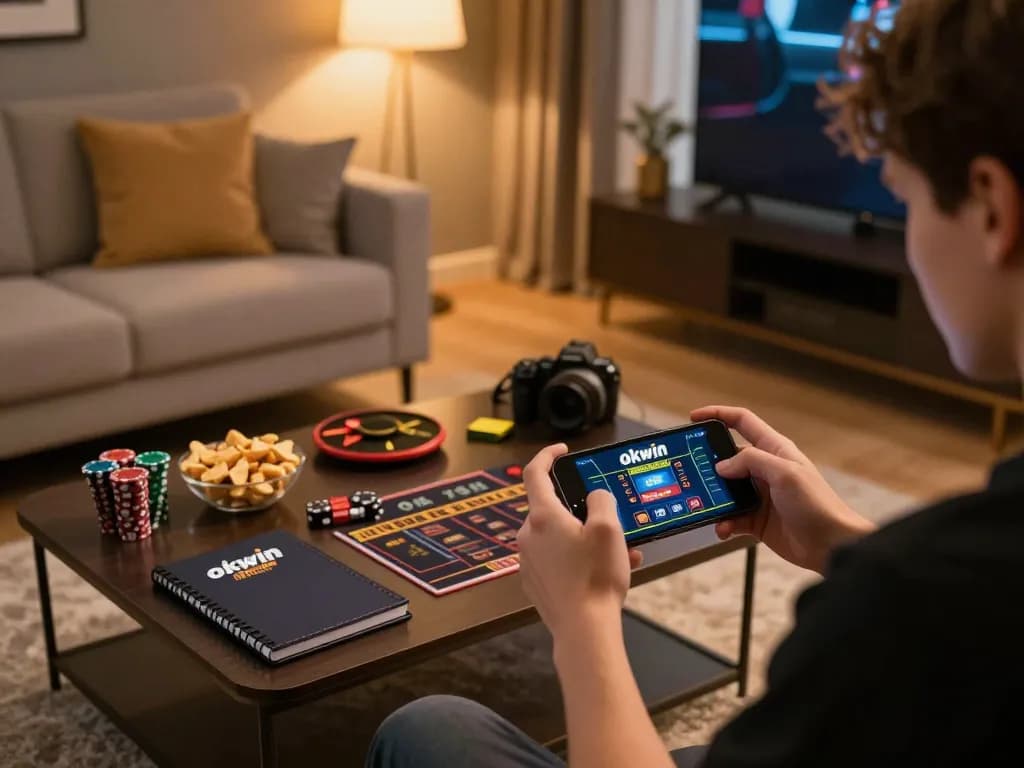 Engaging in online casino games at okwin from a cozy home setup with smartphone.