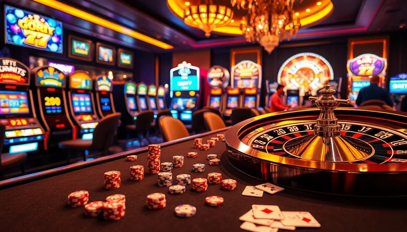 Experience the thrill of gori77 as players engage with vibrant casino games, highlighting poker chips and slot machines.