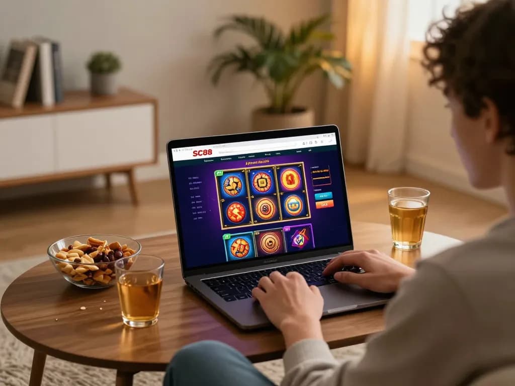 Player exploring SC88 online slots interface, enjoying a cozy home gaming atmosphere