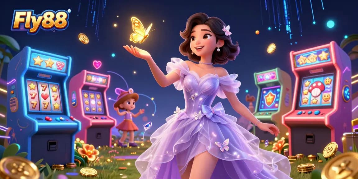 Experience the thrill of casino gaming at Fly88 with vibrant slot reels and glowing elements.