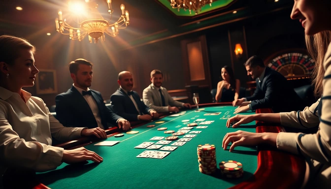 RR88 players engaging at a luxurious poker table, showcasing excitement and professionalism.
