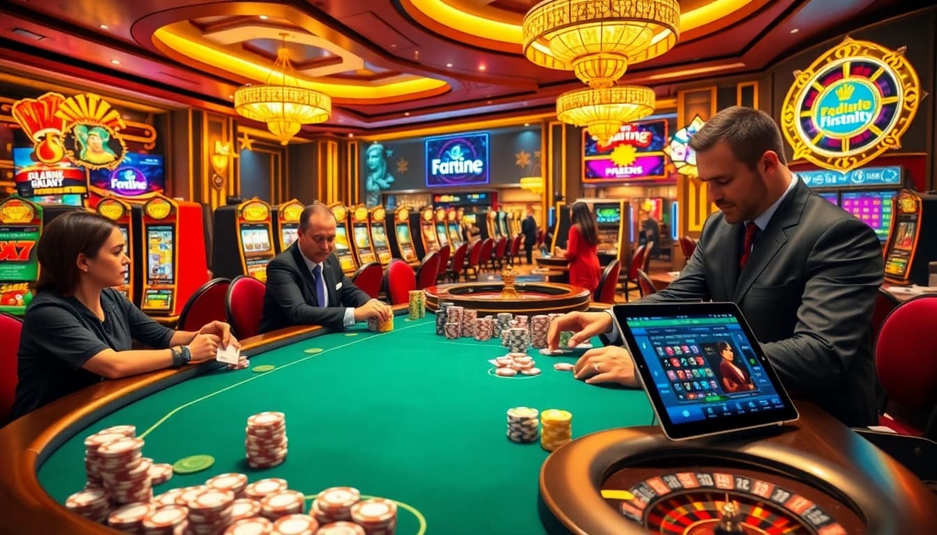 Experience a thrilling game at F168 casino with poker players and vibrant machines.