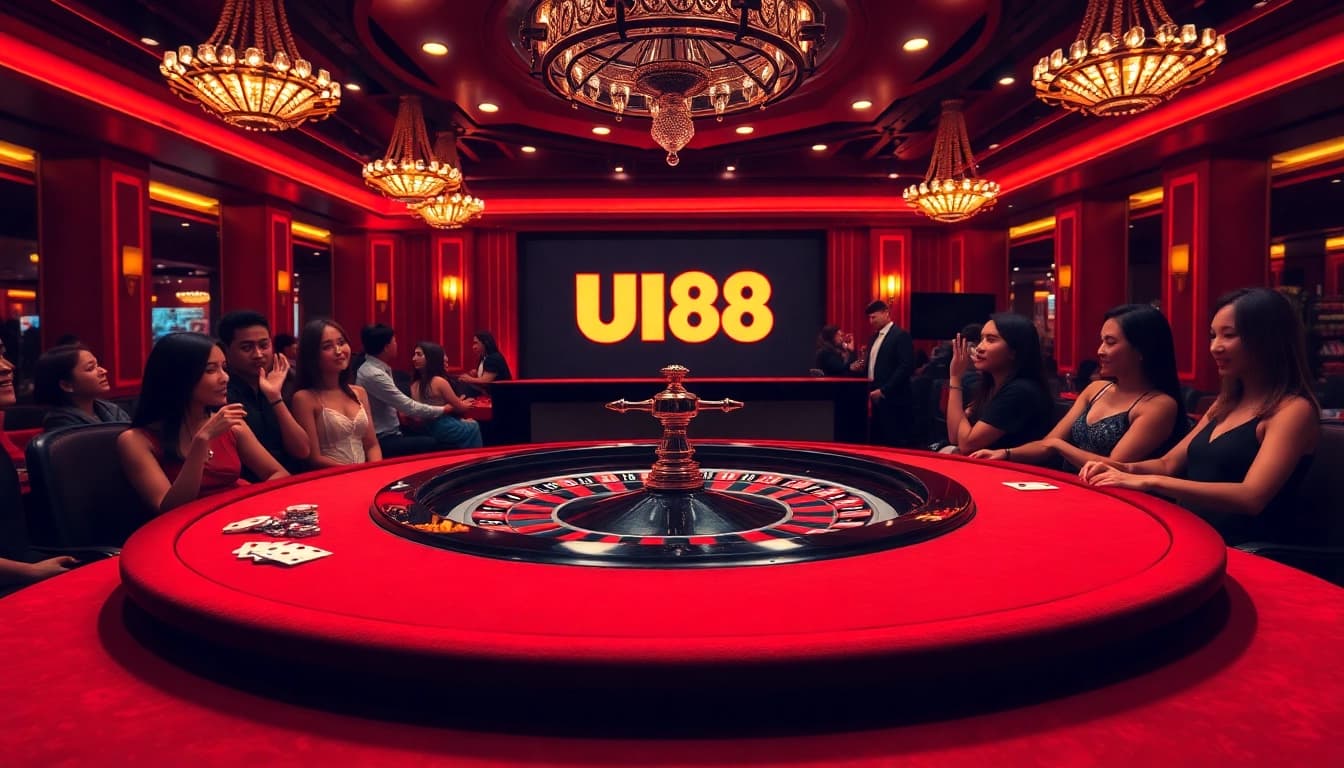 UU88 gaming table bustling with excitement, featuring roulette, poker chips, and cards.