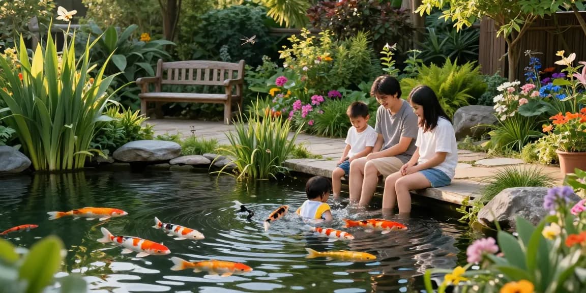 Pond plants thriving in a vibrant backyard pond garden with a family enjoying the serene atmosphere.