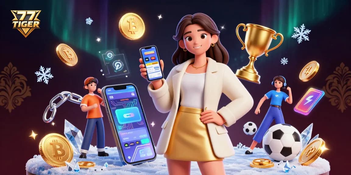 Engage with the 777TIGER sports betting experience featuring a friendly woman with a mobile app.