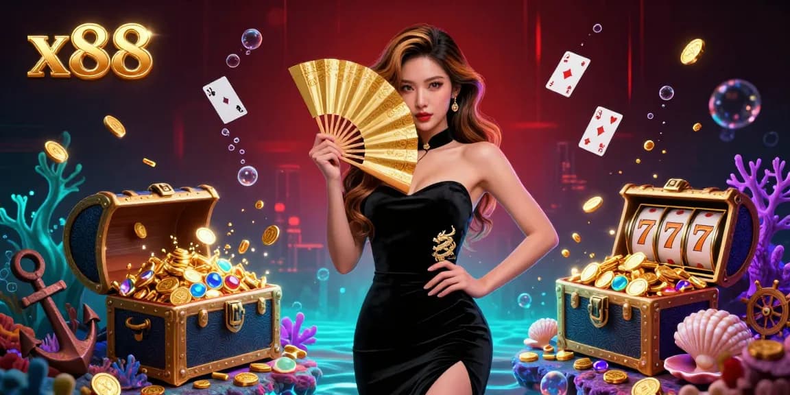 x88 casino illustration featuring a stunning Asian woman immersed in a vibrant casino scene, surrounded by gold coins and gaming elements.