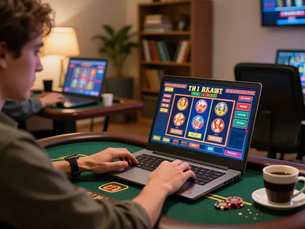 Red88 player engaged in online gambling, highlighting strategic betting on a laptop in a cozy home.