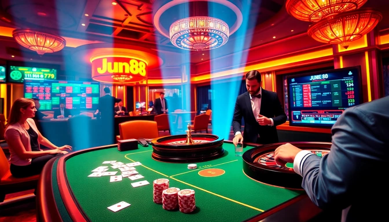 Jun88 casino table with vibrant chips and an engaging dealer, showcasing online gambling excitement.