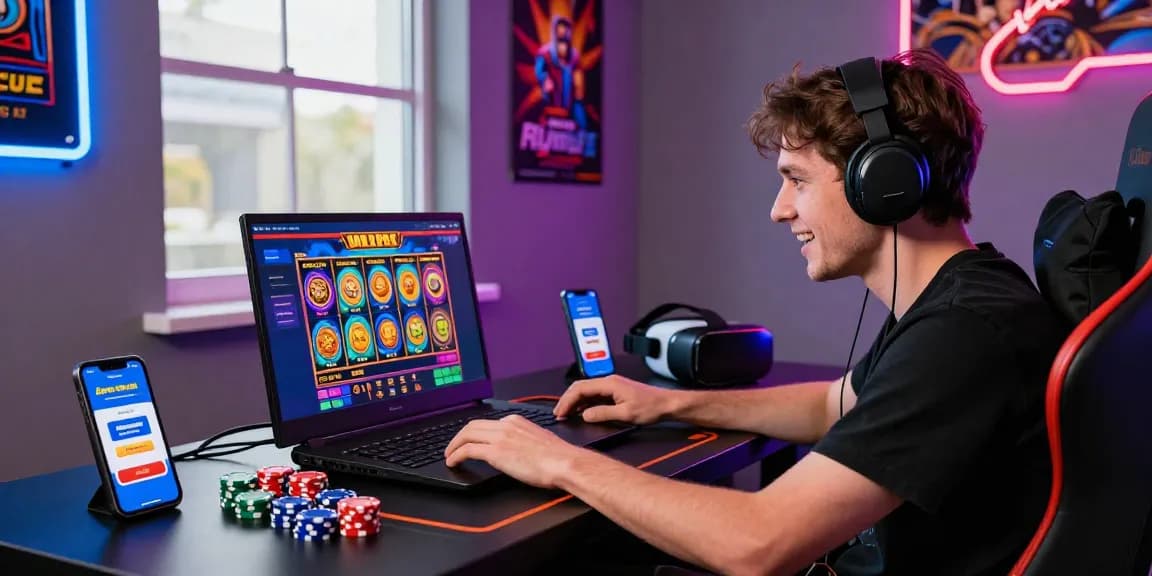 Engaging online gaming platform showcasing a player involved in slot deposit 5000 activities, vibrant interface and gaming accessories enhancing excitement.