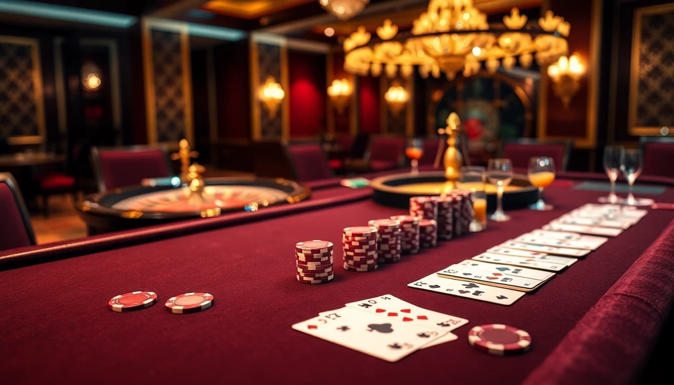 Suasana poker yang mendebarkan dengan chip dan kartu yang berwarna-warni menunjukkan permainan idn poker.