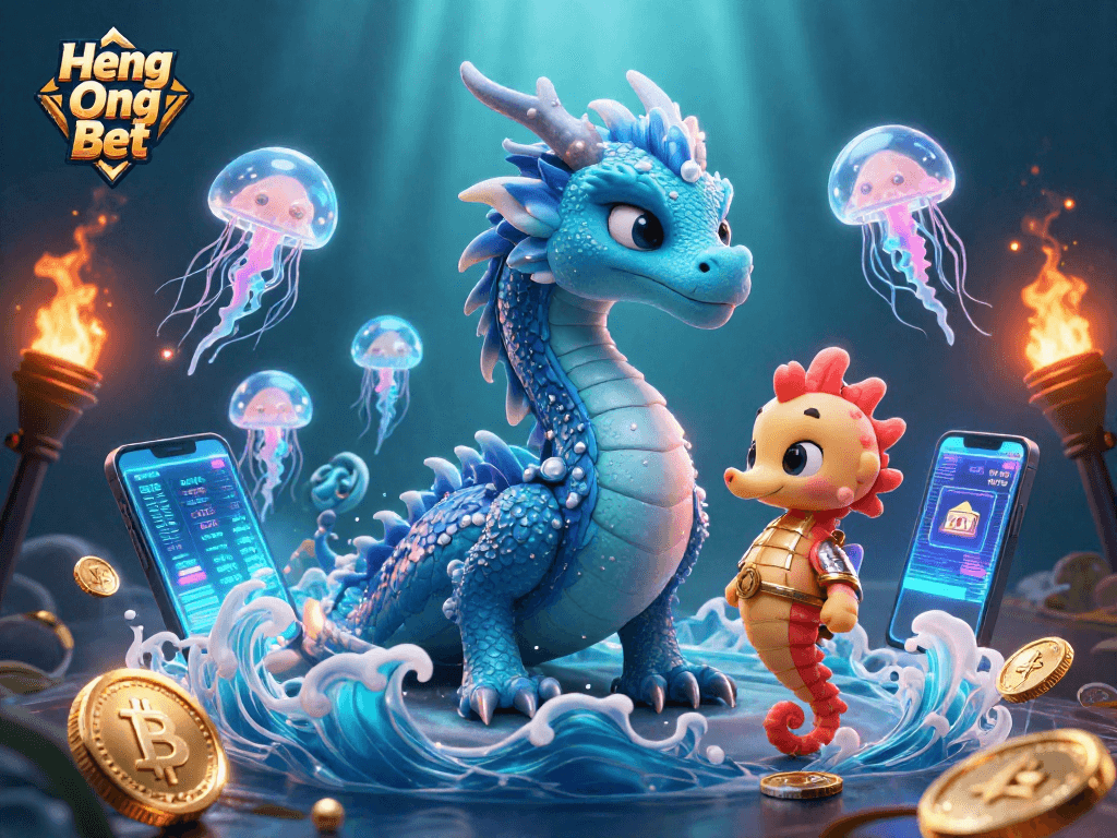 Experience exciting gameplay at Heng Ong Bet with dazzling underwater characters amidst vibrant crypto symbols.