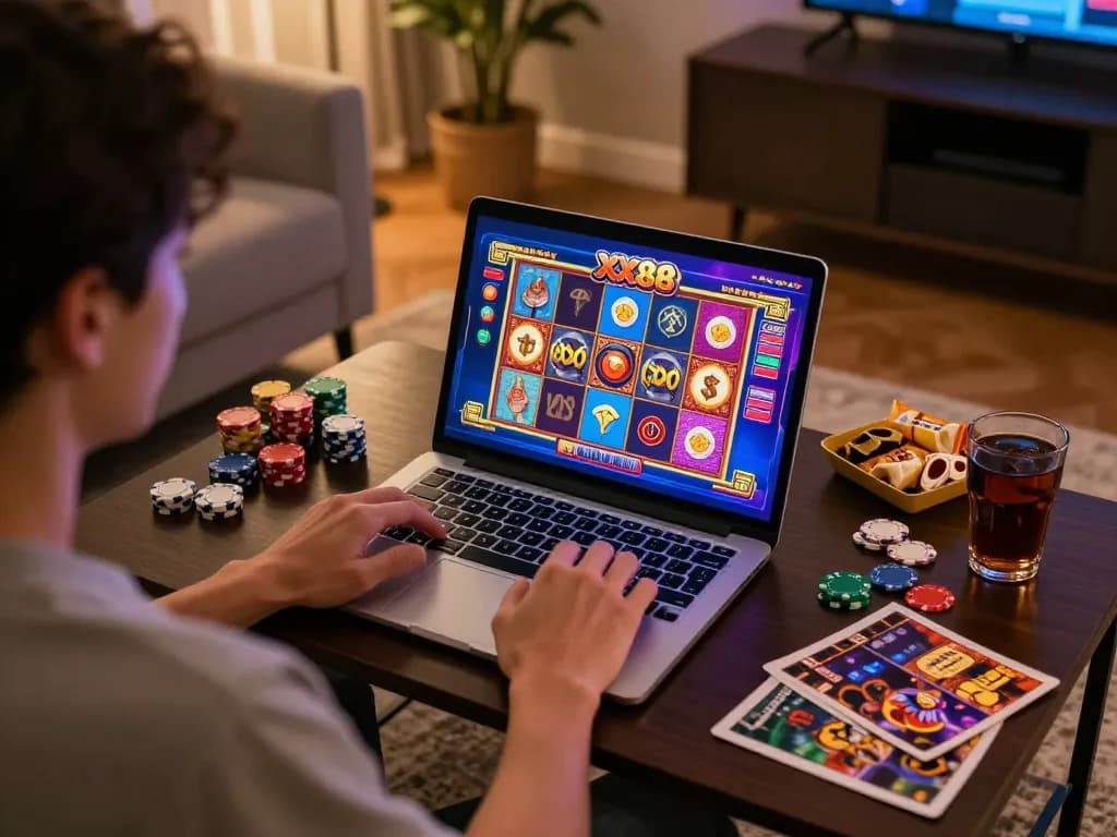 Player enjoying the excitement of XX88 on a laptop with colorful game graphics in a cozy home setting.