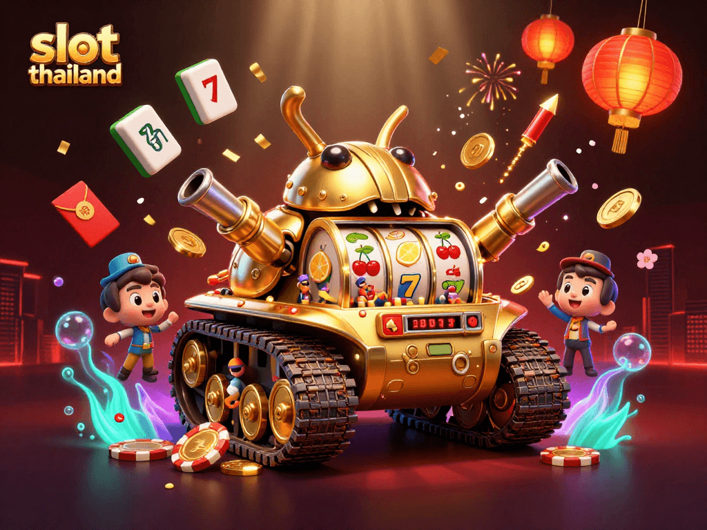 Engage with slot thailand action in a vibrant 3D casino-themed scene featuring a unique golden beetle tank.