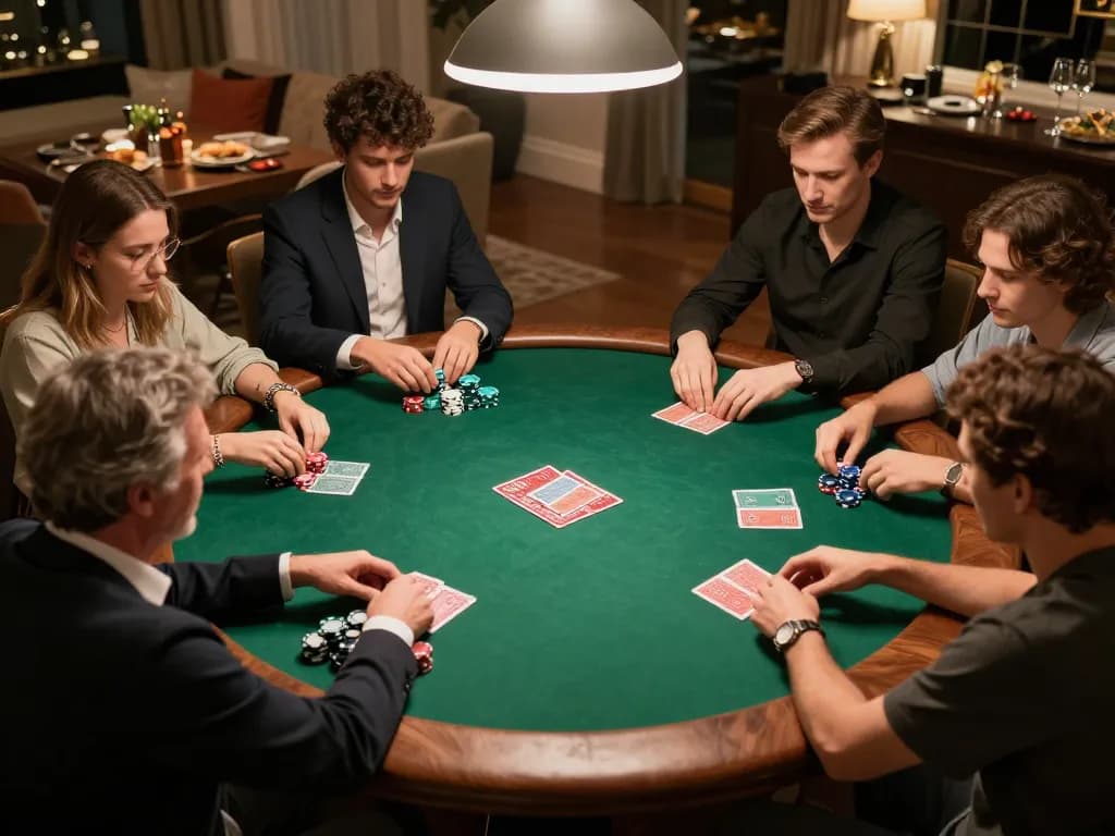 Luongsontv viewers engaged in an intense poker game at home with friends, highlighting strategy and competition.