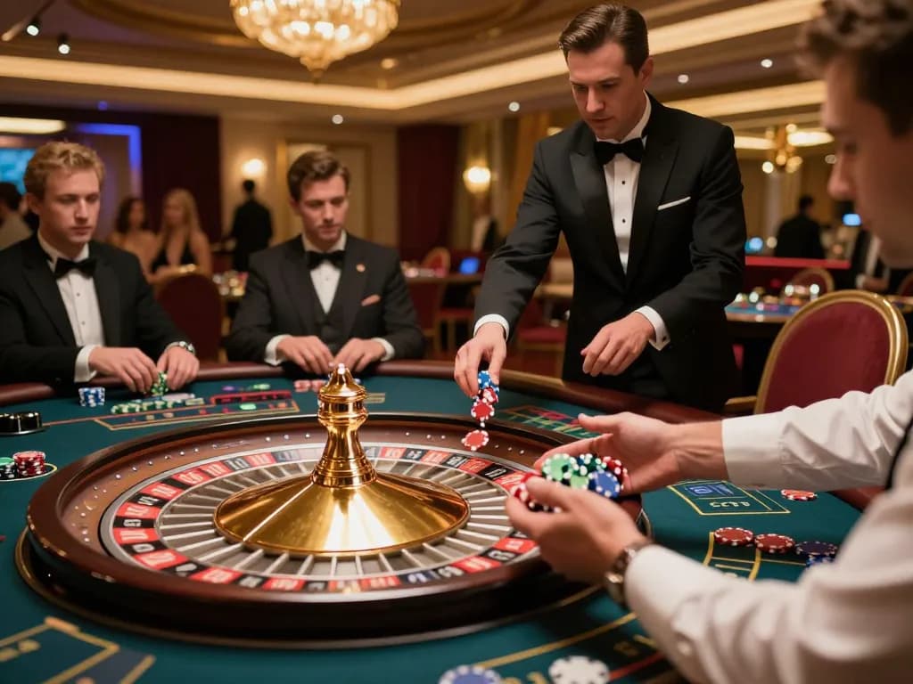 Players engaged at the roulette table, showcasing the excitement of da88vip with vibrant chips and a spinning wheel.