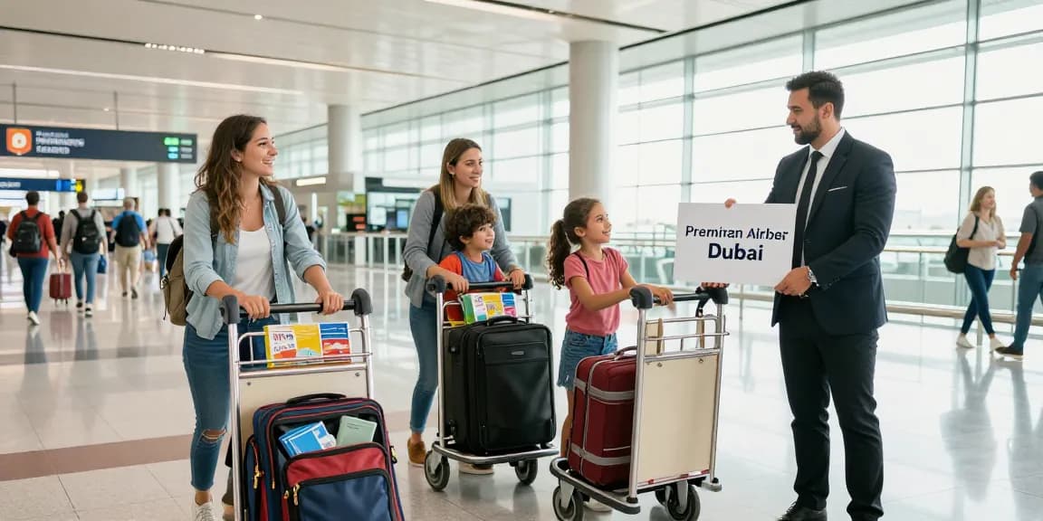 Family enjoying premium airport transfers service Dubai with chauffeur at airport terminal, showcasing modern travel experience.