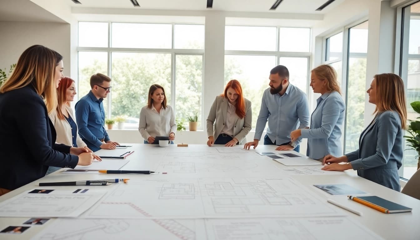 Start a residential architecture project with architects collaborating in a modern office.