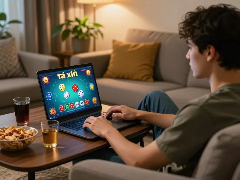 Engaging gameplay of tài xỉu online on a laptop in a cozy home setting, showcasing responsible entertainment.