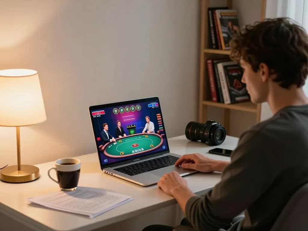 NHÀ CÁI DA88 online poker gameplay at home featuring cozy desk setup and ambient lighting.