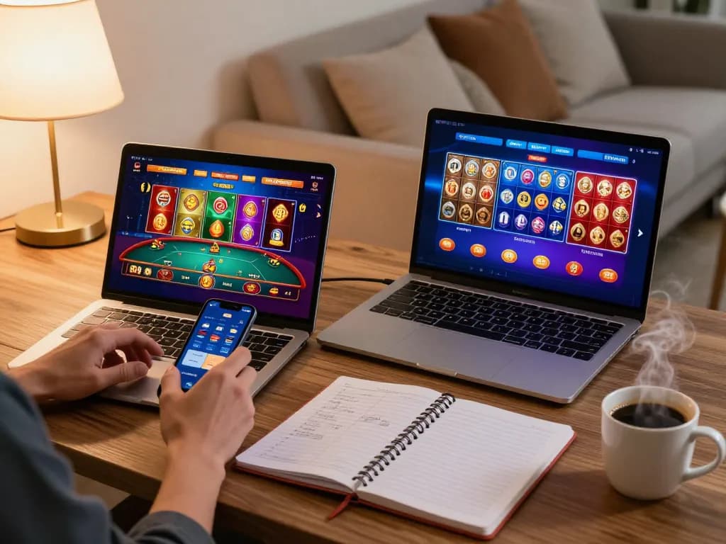 Engaging lifestyle scene of rokok88 online gaming with laptop and smartphone showcasing vibrant casino interfaces