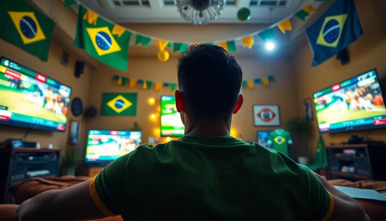 Engaged fan enjoying best sportsbooks Brazil in a vibrant setting with sports memorabilia.