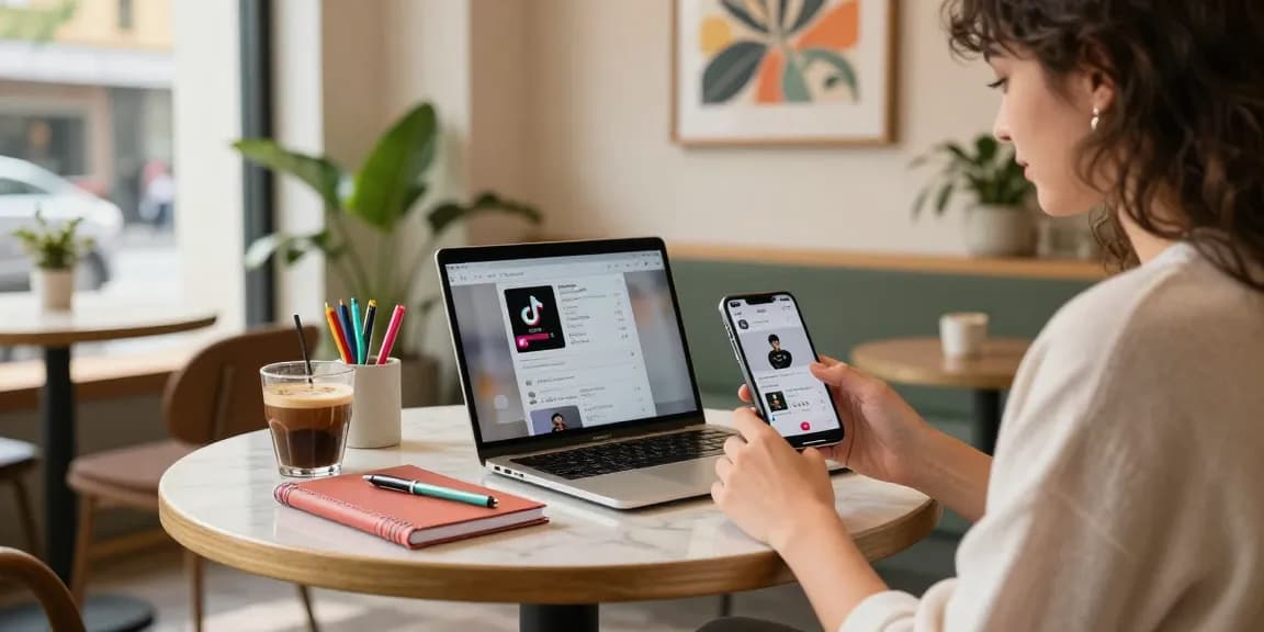 Buy real TikTok followers while engaging in social media marketing strategies in an urban cafe.