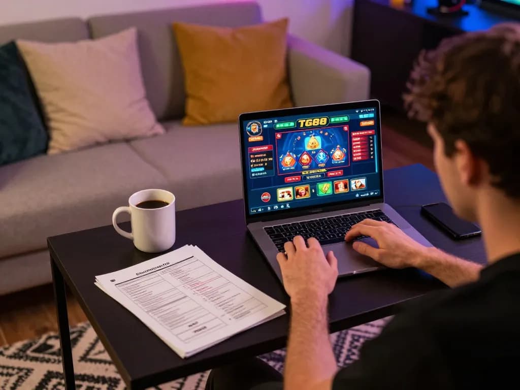 Player engaging with the TG88 online casino interface, showcasing a dynamic at-home gambling experience