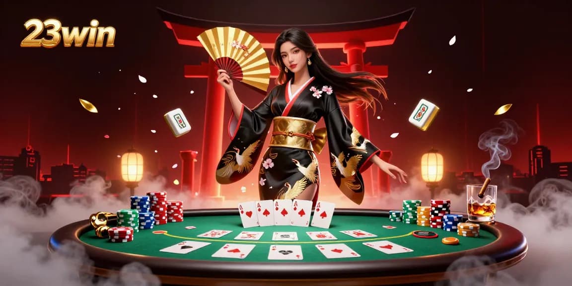 Experience the vibrant excitement of gambling at 23win with a spectacular casino scene featuring a graceful Asian woman in traditional attire.