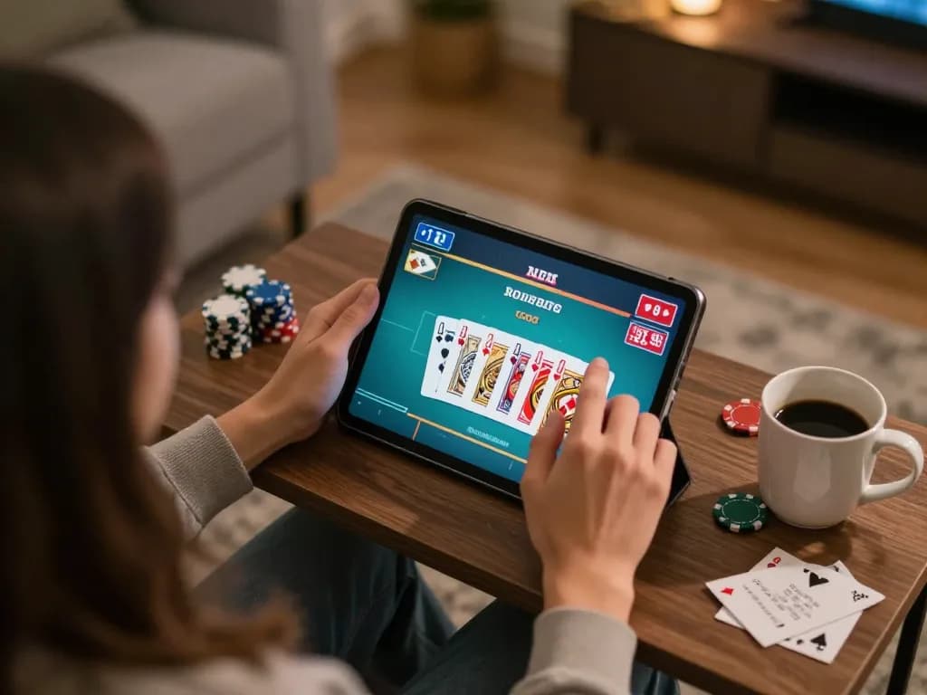 Person engaged in online poker on a tablet at home, showcasing rikvip gaming strategy.