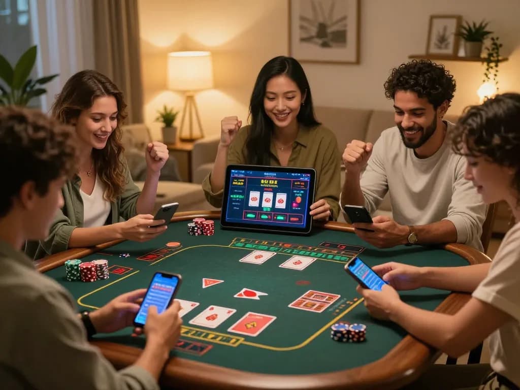Players enjoying live dealer games at MB88 with smartphones in a stylish home setting