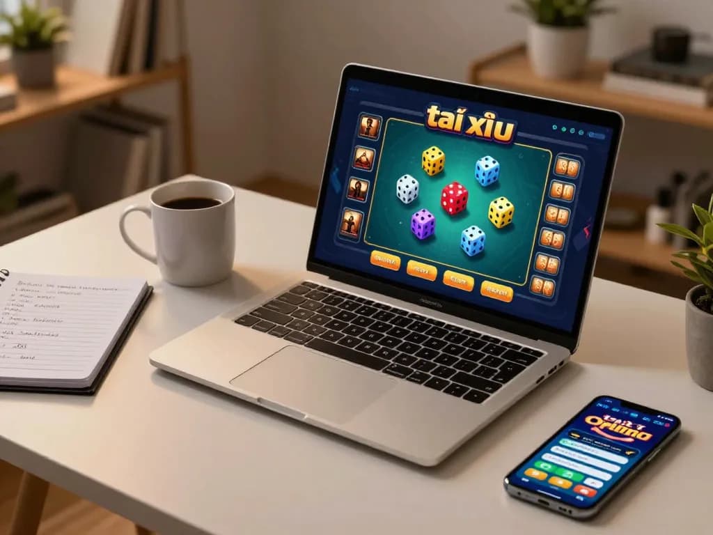 Tài xỉu online gaming setup with a laptop displaying dice rolls and bankroll management notes.