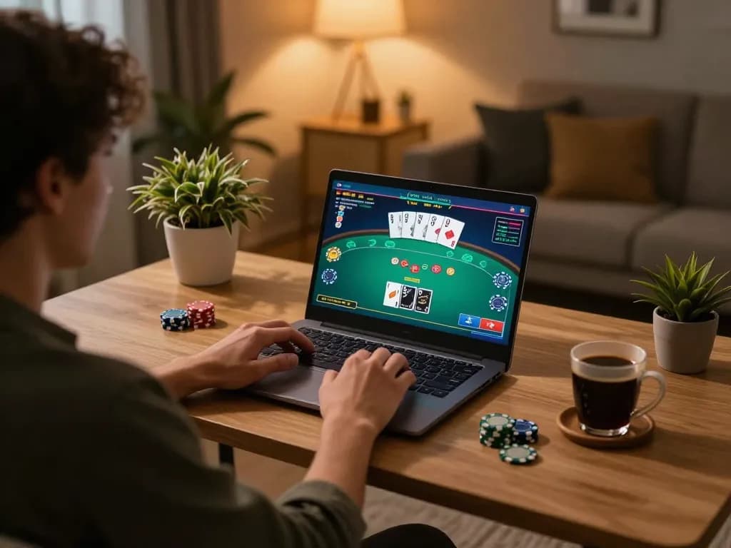 UU88 player engaging in online poker gameplay from a cozy home setup, showcasing strategic gaming environment.