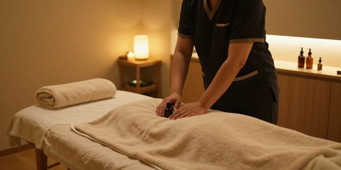 1인샵 therapist preparing a calming massage session in a serene wellness room.
