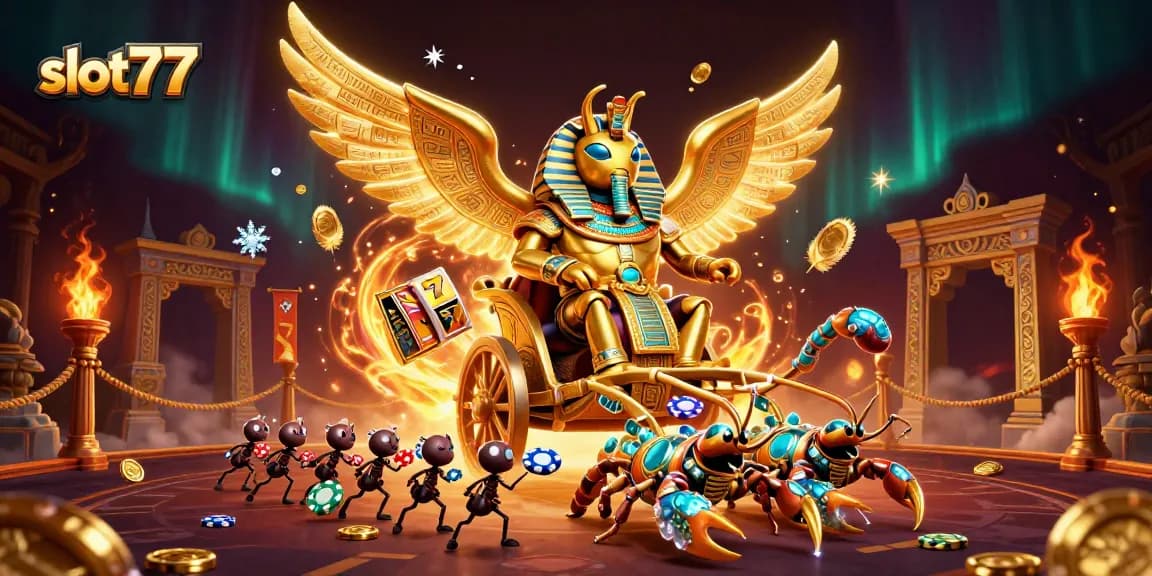 Experience the thrill of slot77 with a colossal golden scarab beetle in an epic casino scene.