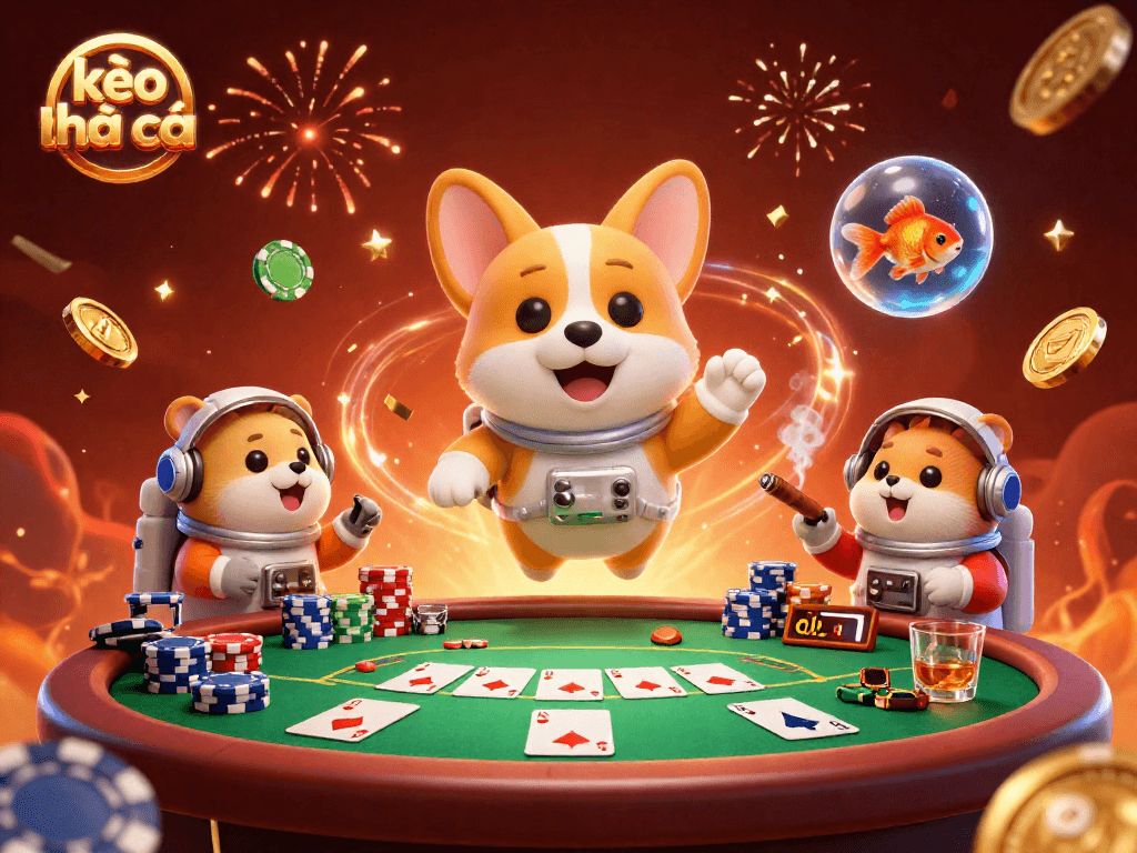 Engage with kèo nhà cái in this vibrant 3D casino scene featuring a playful astronaut corgi.