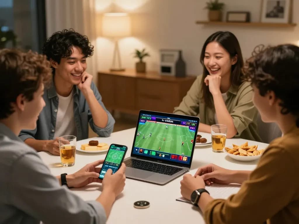 Friends engaging in strategic sports betting with Da88 app on smartphone, enjoying a lively evening.