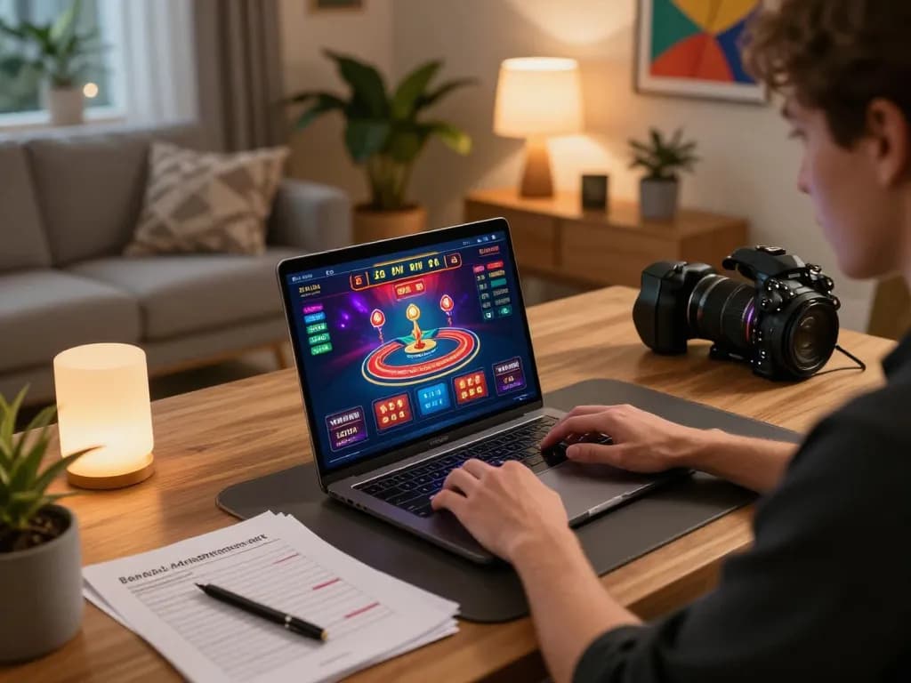 Person engaged in online gaming with LLWIN, showcasing strategic gameplay and a cozy setting