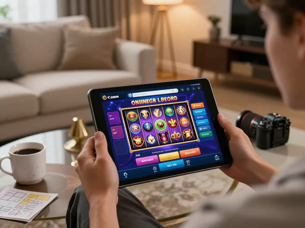 Playing exciting slot games on vipwin platform through tablet in a cozy home setting