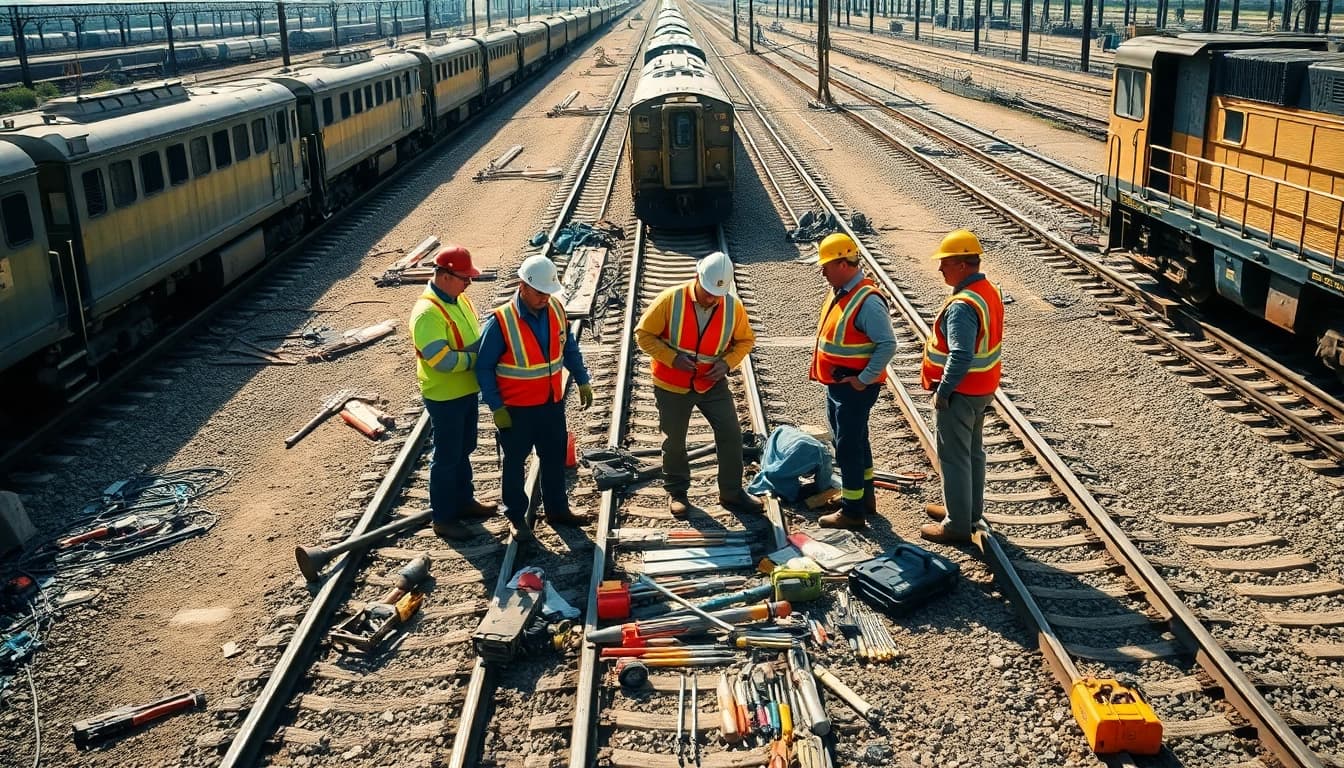Workers conducting Emergengy Railroad Repair on site with essential tools and safety gear.
