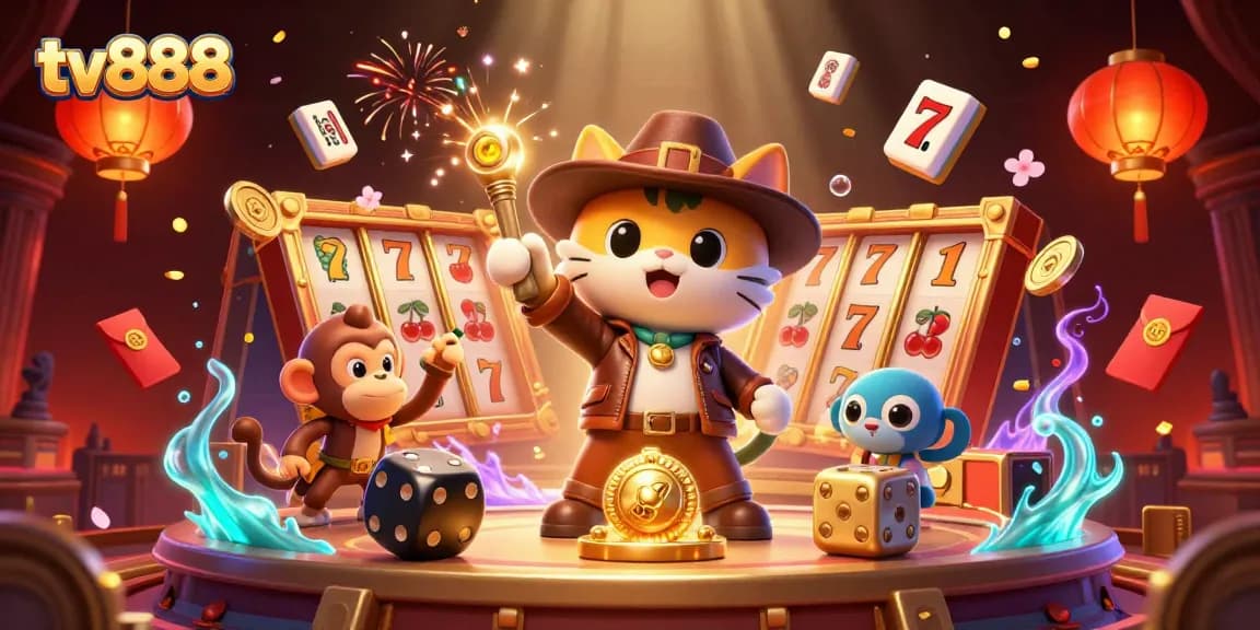 Experience excitement at tv888 with a cat archaeologist amidst slot games and treasures.