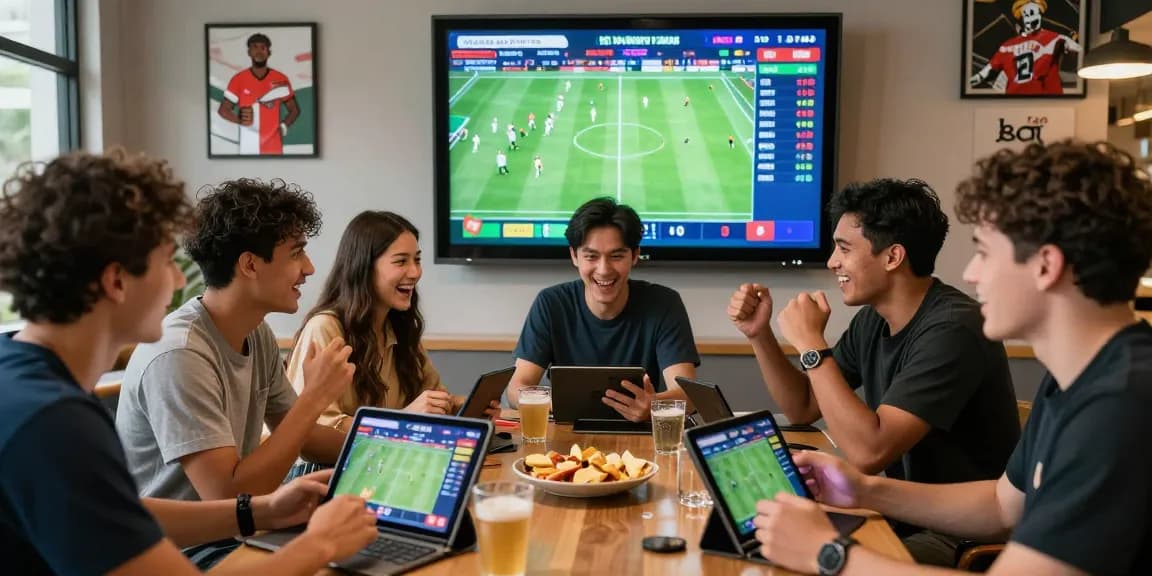 Friends excitedly analyzing tỷ lệ kèo nhà cái during live sports betting in a vibrant lounge.
