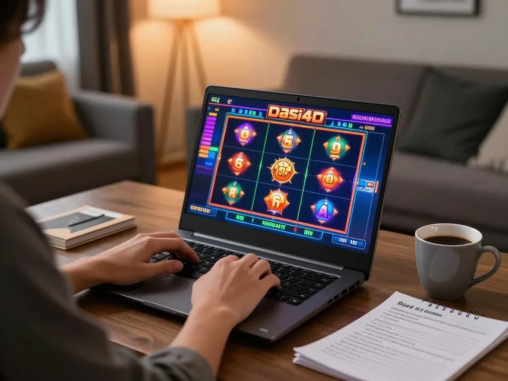 Pemain yang terlibat menikmati permainan slot dasi4d di laptop dalam lingkungan rumah yang nyaman, menampilkan pengaturan permainan modern.