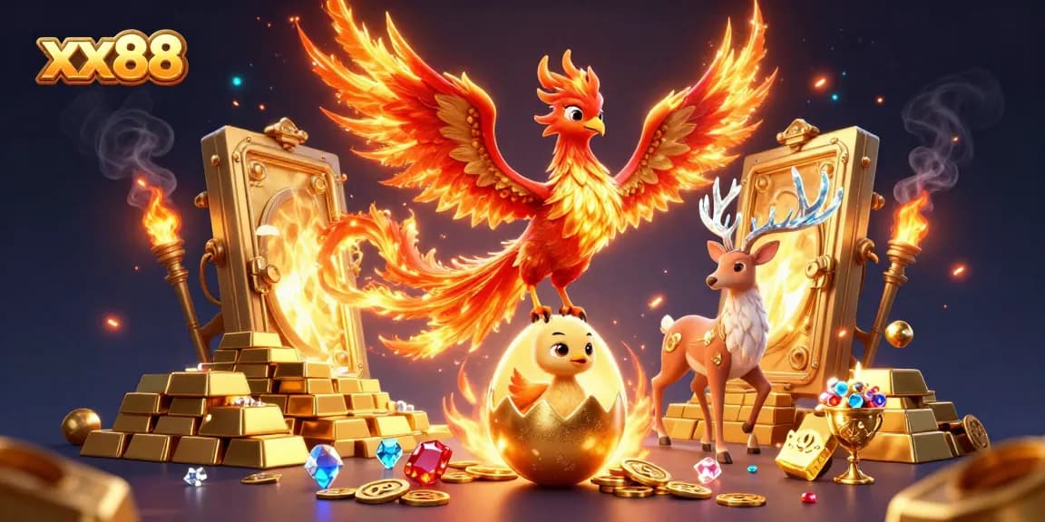 Experience excitement at xx88 with a vibrant 3D illustration of mythical creatures surrounded by riches.