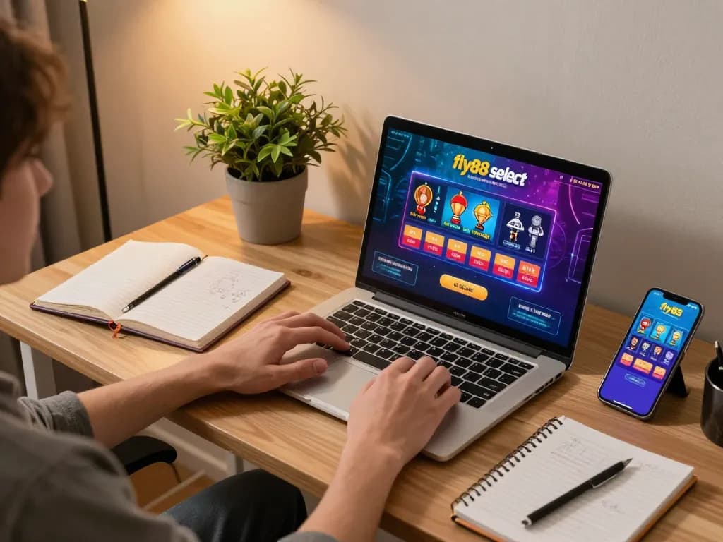 Engaging player using fly88 select on laptop and smartphone, showcasing strategic online gambling.