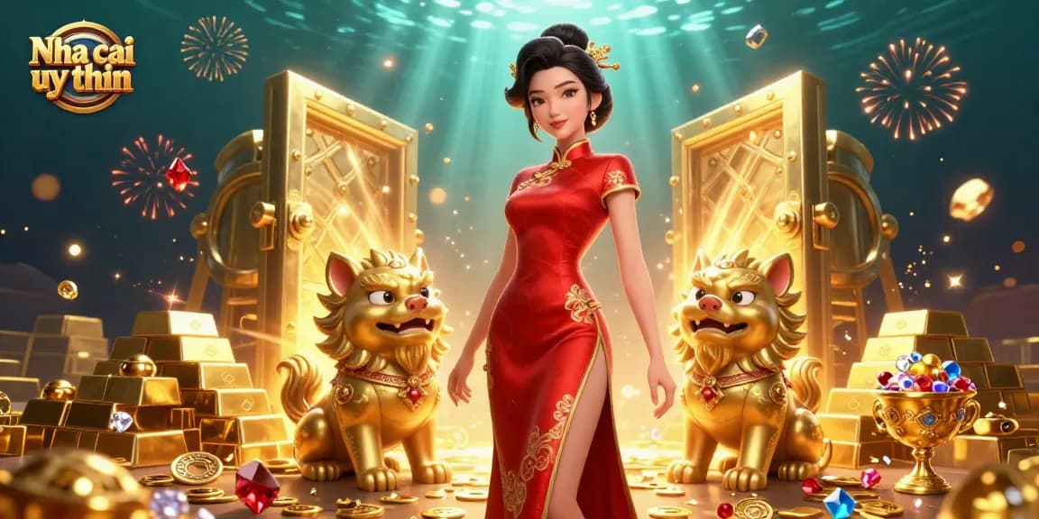 Nha cai uy tin features an Asian woman in a cheongsam with golden foo dogs under dynamic fireworks.