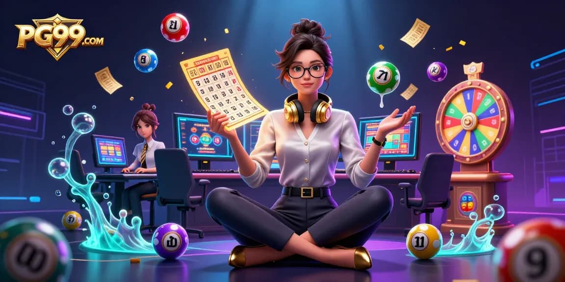Experience the excitement of PG99COM as colorful lottery elements and a stylish gamer come to life.